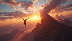 lucid origin a person flying with arms outstretched over a mountain landscape at sunset dynam 1